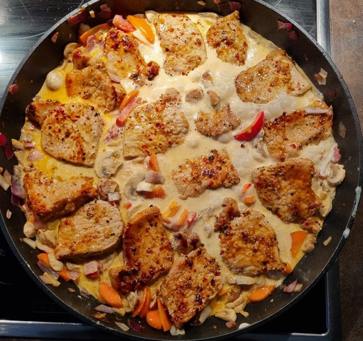 Fläskytterfilégryta med svamp och bacon